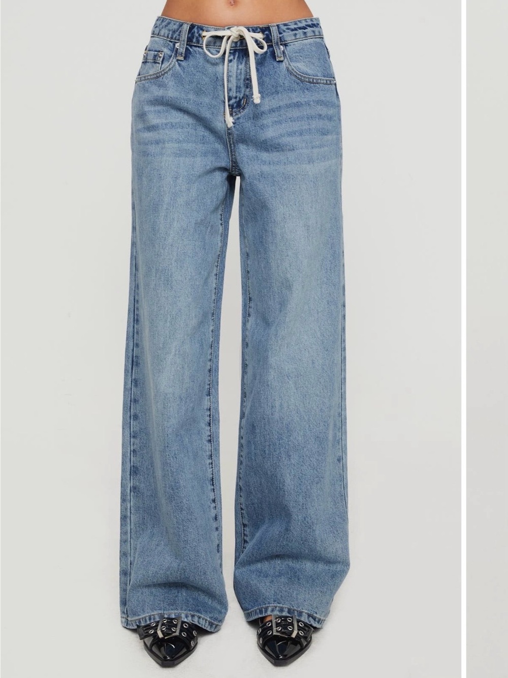 NWT Princess Polly Light Blue Wide-Leg Denim Jeans with Drawstring
